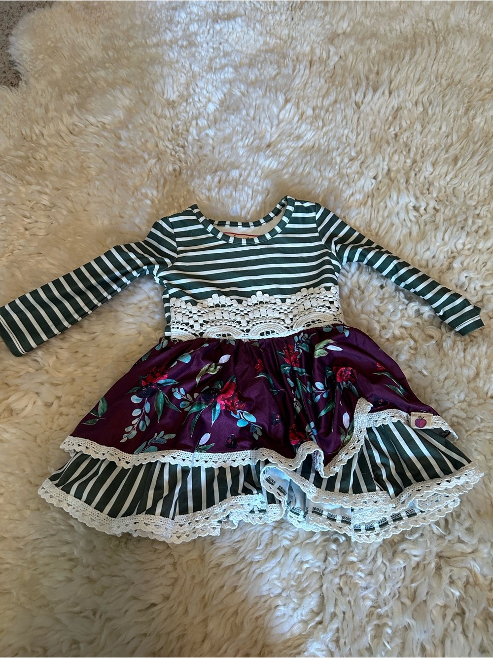 Cheeky Plum Green & Purple Striped Bodice Floral Skirt Lace Dress